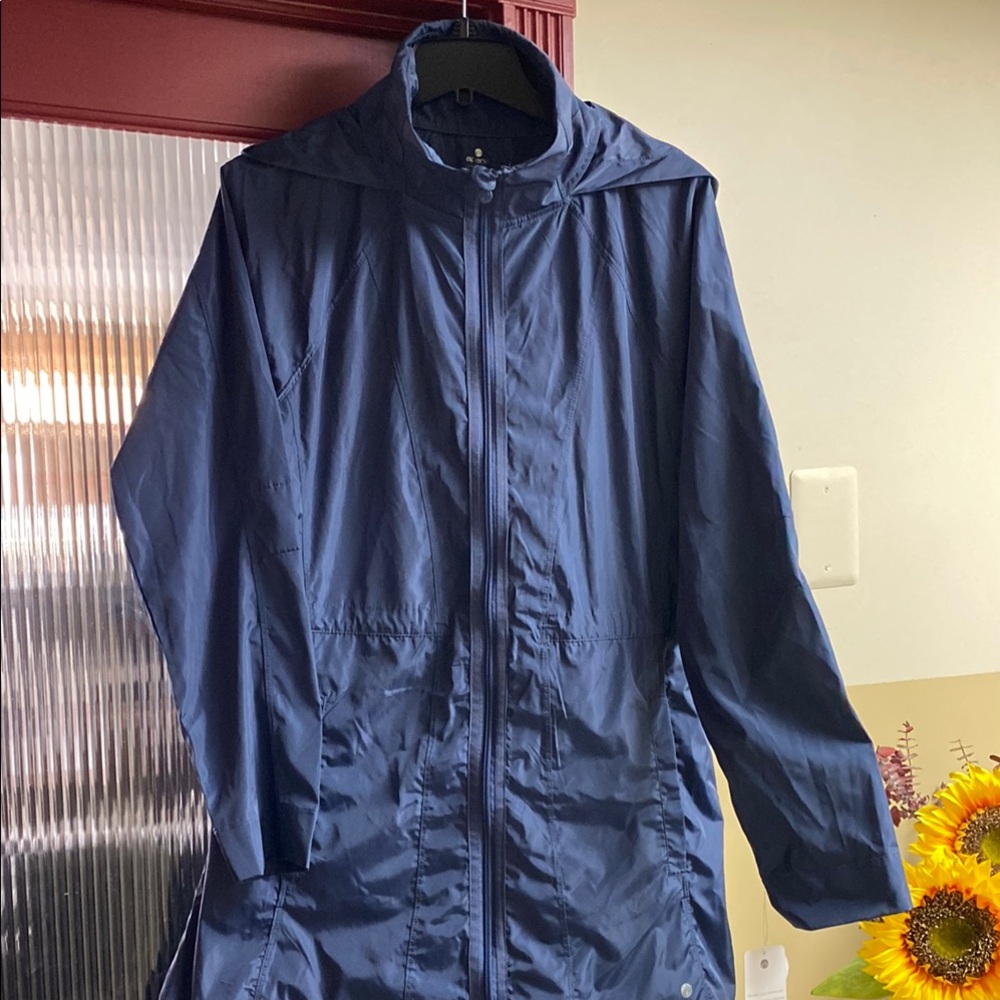 Apana Beautiful Blue Shiny Adjustable Waist Hooded Raincoat/Trench New With Tags
